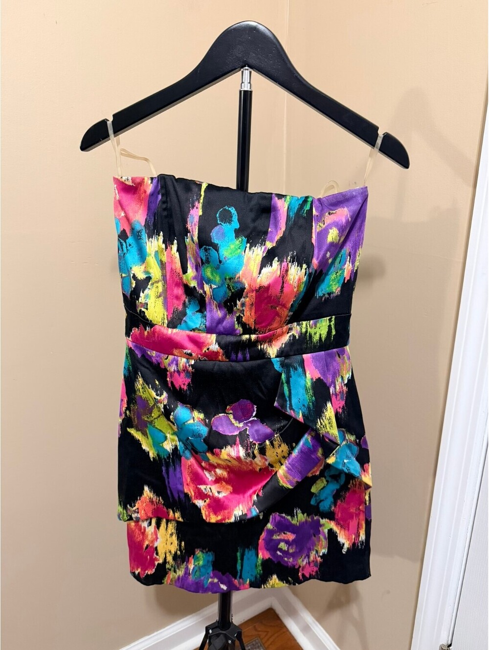 VTG Y2K Speechless Strapless Satin Mini Dress Abstract Watercolor Floral Size 5